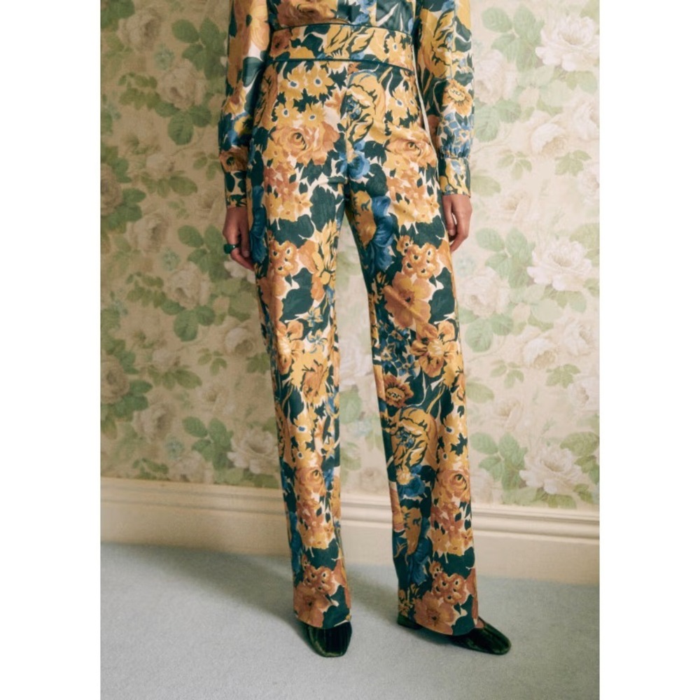 Sezane Baptisto Wide Leg Velvet Trousers in Garden Floral‎ Size 34/XS